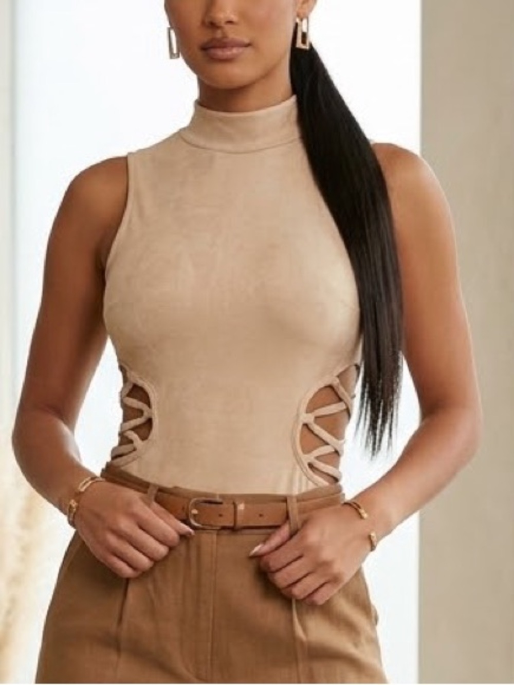 Charlotte Russe Neutral Tan Sleeveless Mock Neck Bodysuit with Side Cutouts